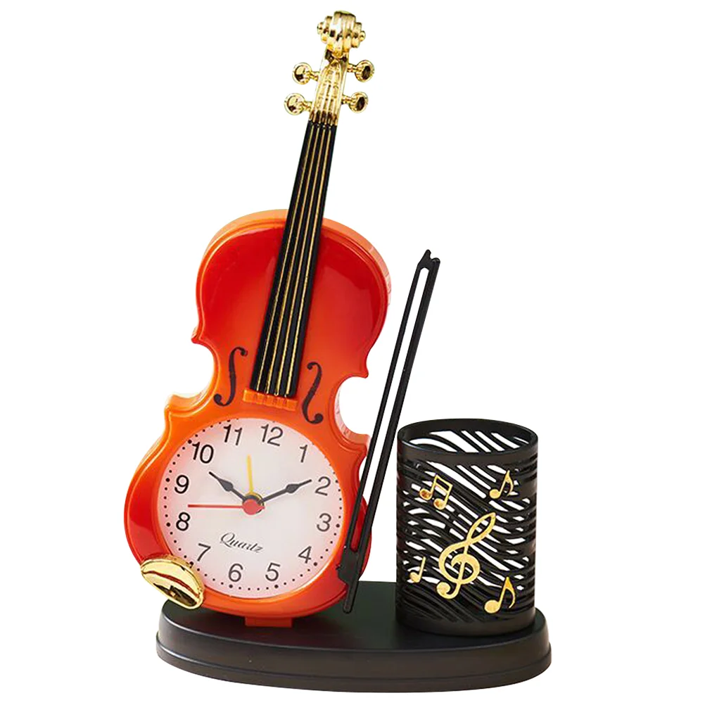 

Violin Clock Plastic Desk Statue Desktop Decoration Decorative Table Pen Holder
