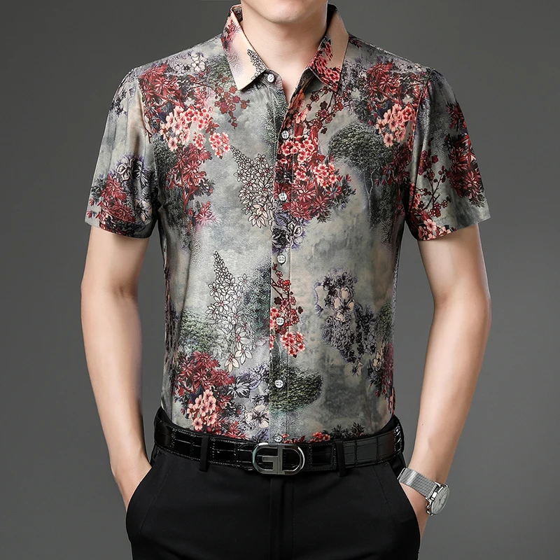 

Luxury Flower Print Shirts Mn Summer Short Sleeve Slim Casual Shirt Social Party Tuxedo Blouse Male Business Formal Dress Shirts