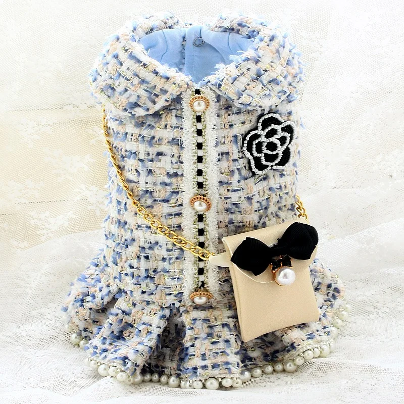 

Handmade Dog Clothes Pet Coat Tweed Couples Dress Vest Outfit Snow Sky Blue Pearls Skirt Camellia C Style Chain Bag Accessories