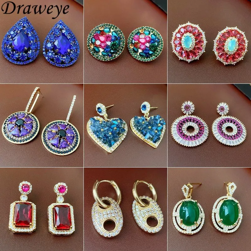 

Draweye Zirconia Stud Earrings for Women Korean Fashion Heart Geometric Office Lady Aretes De Mujer Shiny Vintage Jewelry