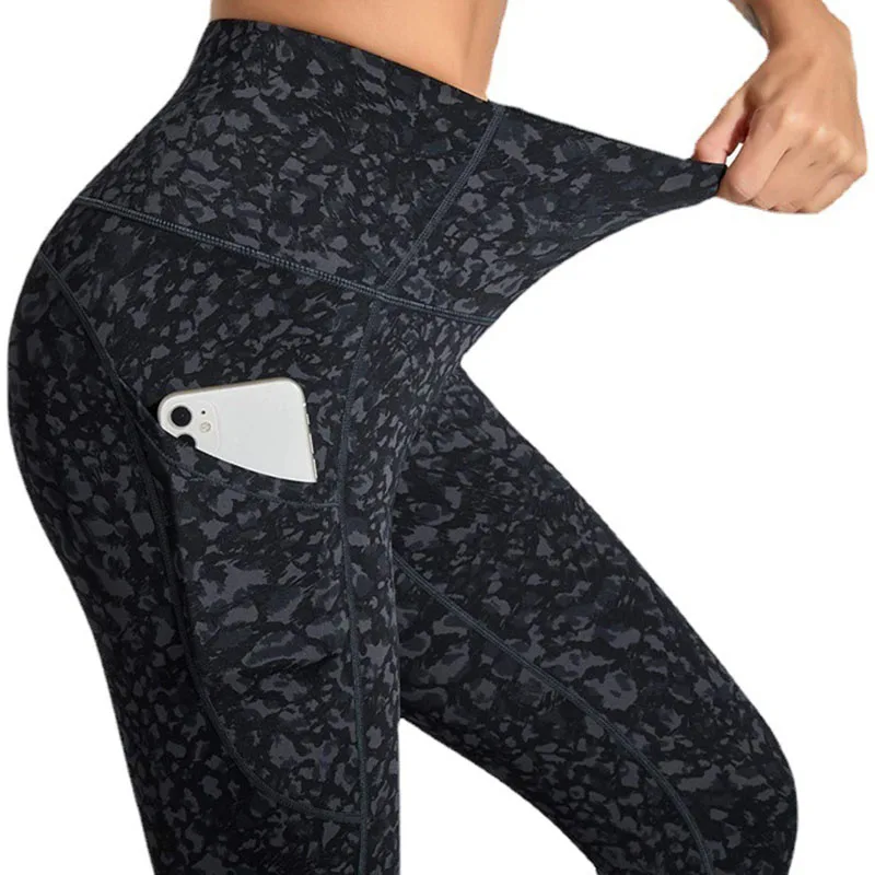 Ladies Fitness Leggings New Printed Stretch Slim Spot Stain Pocket Fitness Sports Cycling Yoga Pants  Ladies Clothing