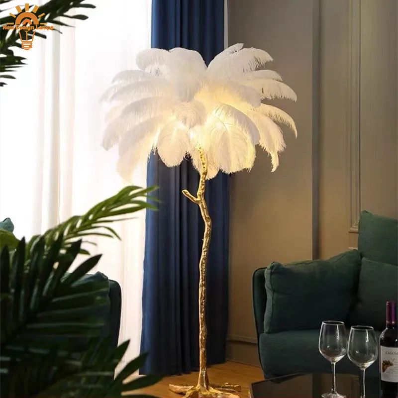 White Ostrich Feather LED Floor Lamps Living Room Feather Lamps for Bedrooms Foot Switch Sofa Room Decor Standing Lamp