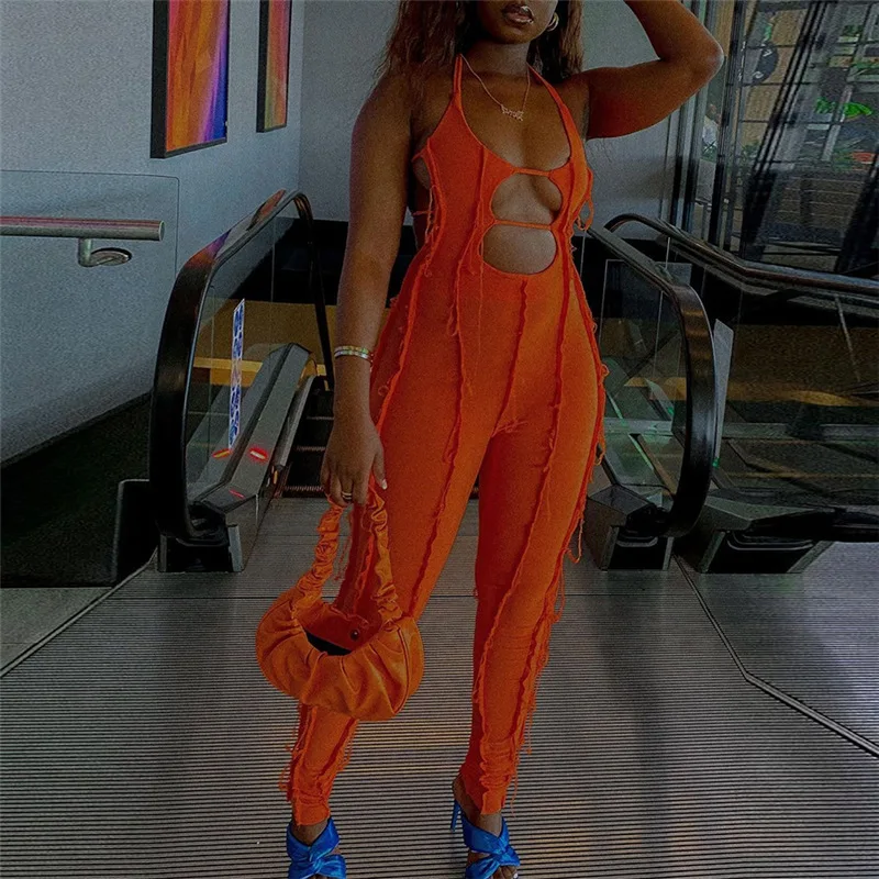 2023 European And American Summer New Women's Sleeveless Lace Up Low Neck Slim Fit High Waist Sports Jumpsuit