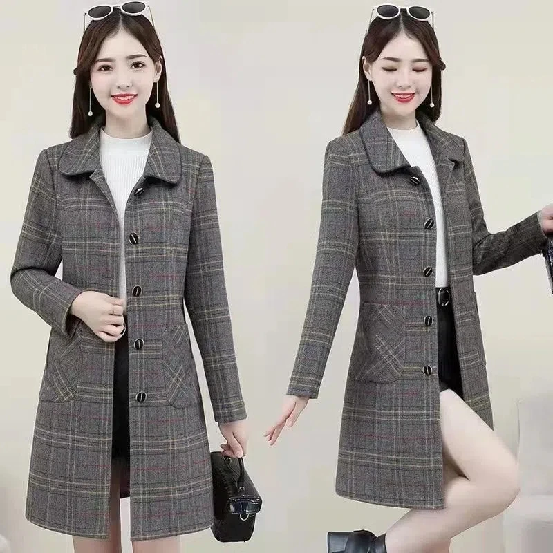 

Autumn Winter Jacket Women Blended Woolen Coat New Plaid Mid Long Coats Jacket Elegant Lady Woolen Overcoat Female Outerwear 5XL