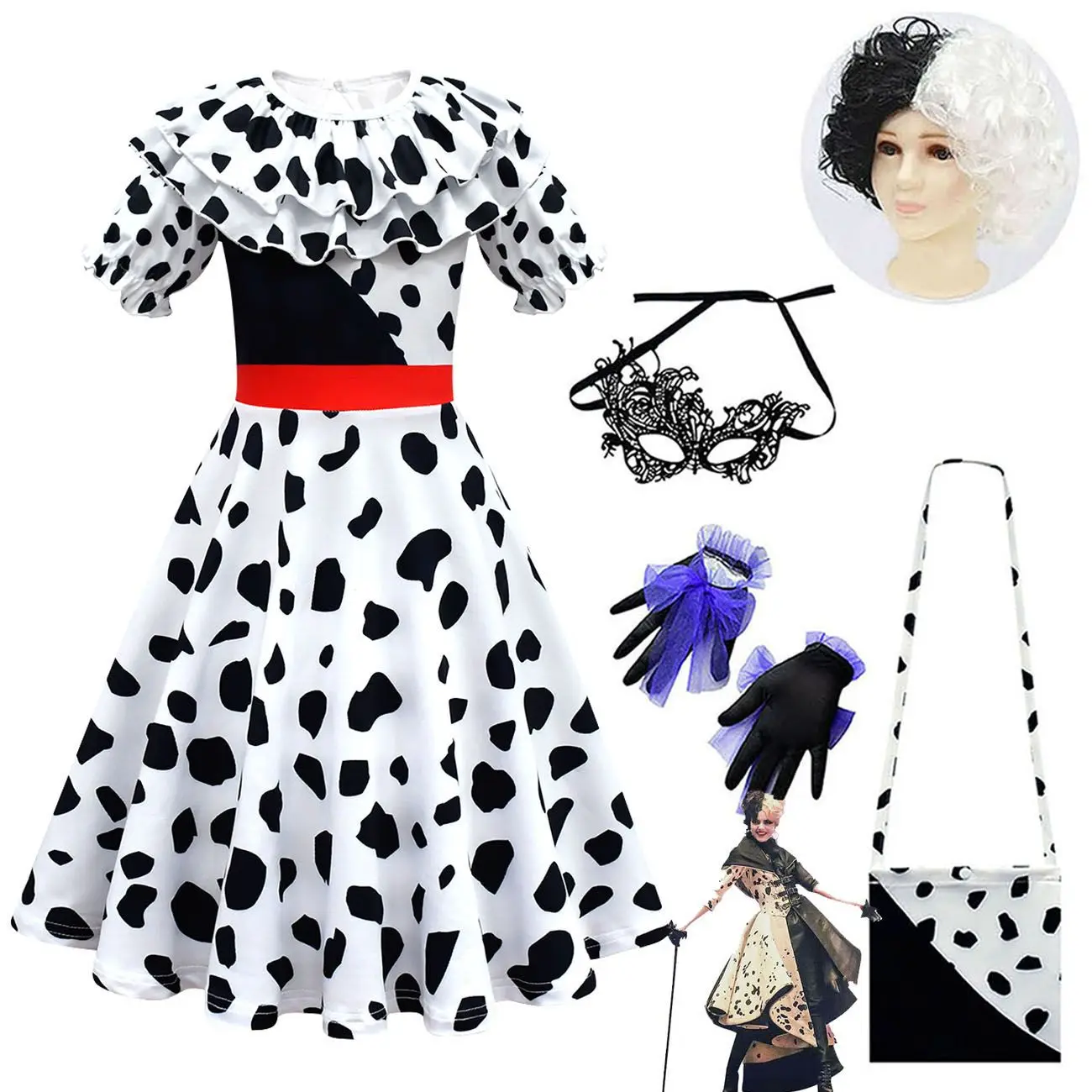 

Детские платья для девочек Cruella De Vil, косплей, черные, белые костюмы на Хэллоуин, красивое платье принцессы, одежда для маскарада на день рожд...
