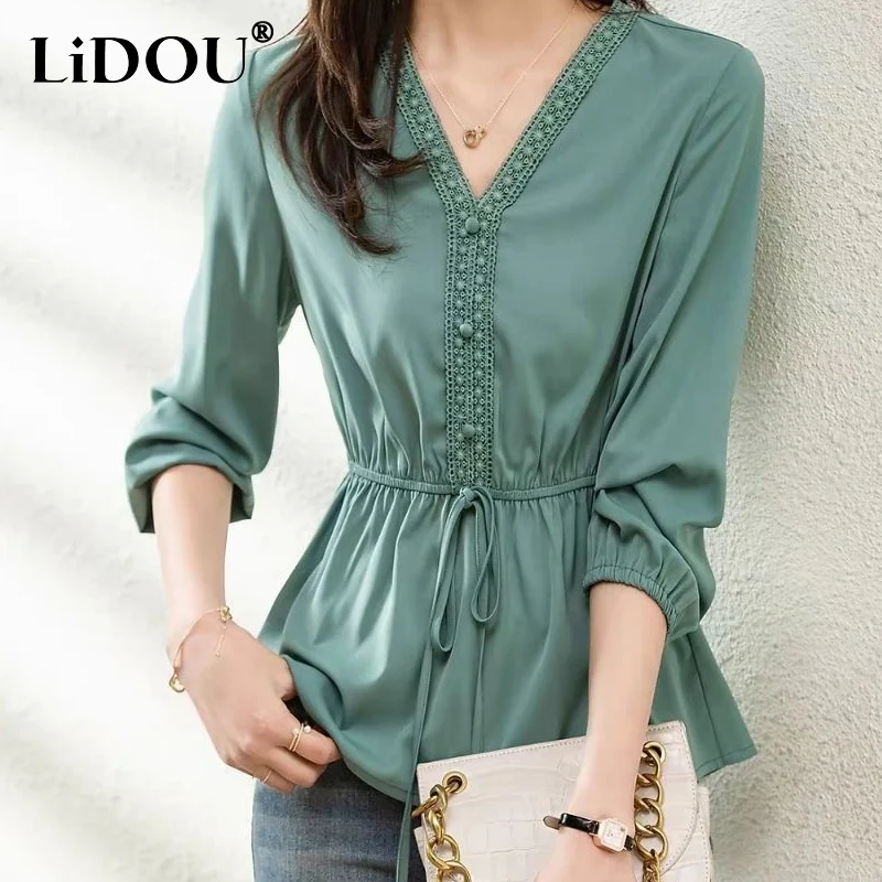 

2023 Summer New Pullovers V-neck Three Quarter Butterfly Sleeve Solid Color Tops Button Fashion All-match Drawstring Shirt