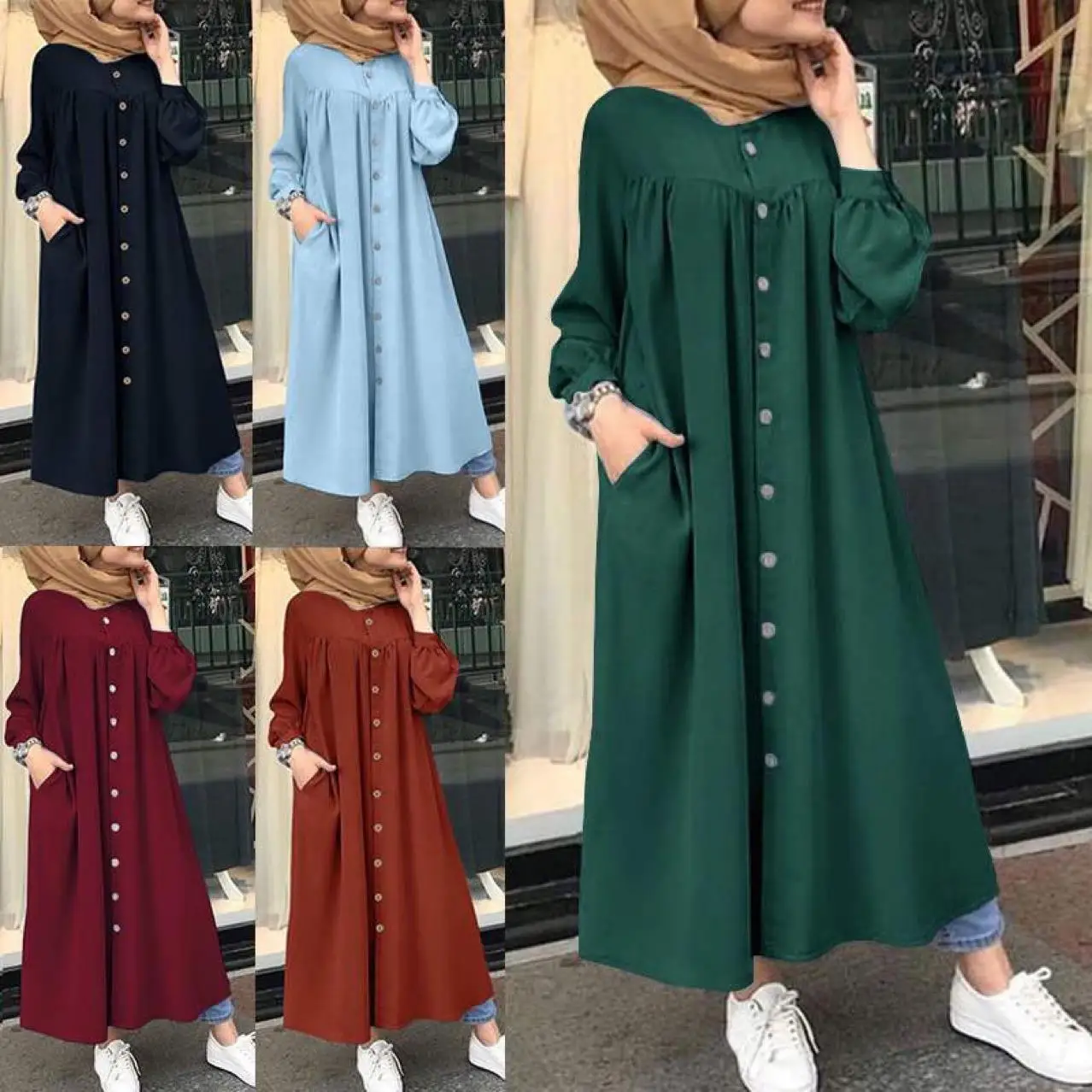 Ramadan Solid Long Sleeve Muslim Hijab Shirt Dress Casual Pocket Abaya Dubai Formal African Dresses for Women Islamic Clothing