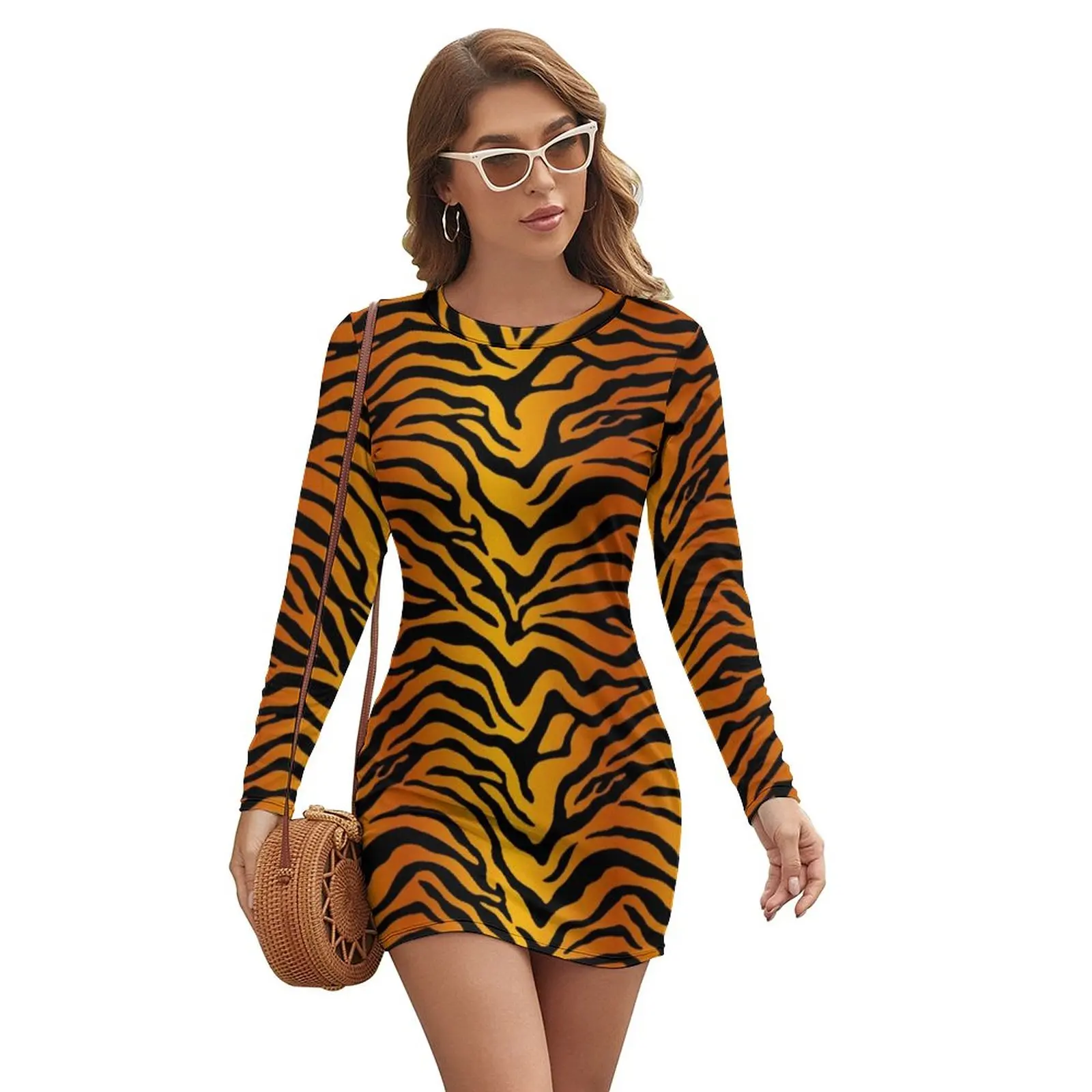 

Tiger Stripes Yellow Dress Female Animal Print Streetwear Bodycon Dress Autumn Long Sleeve Kawaii Dresses Oversize Vestido