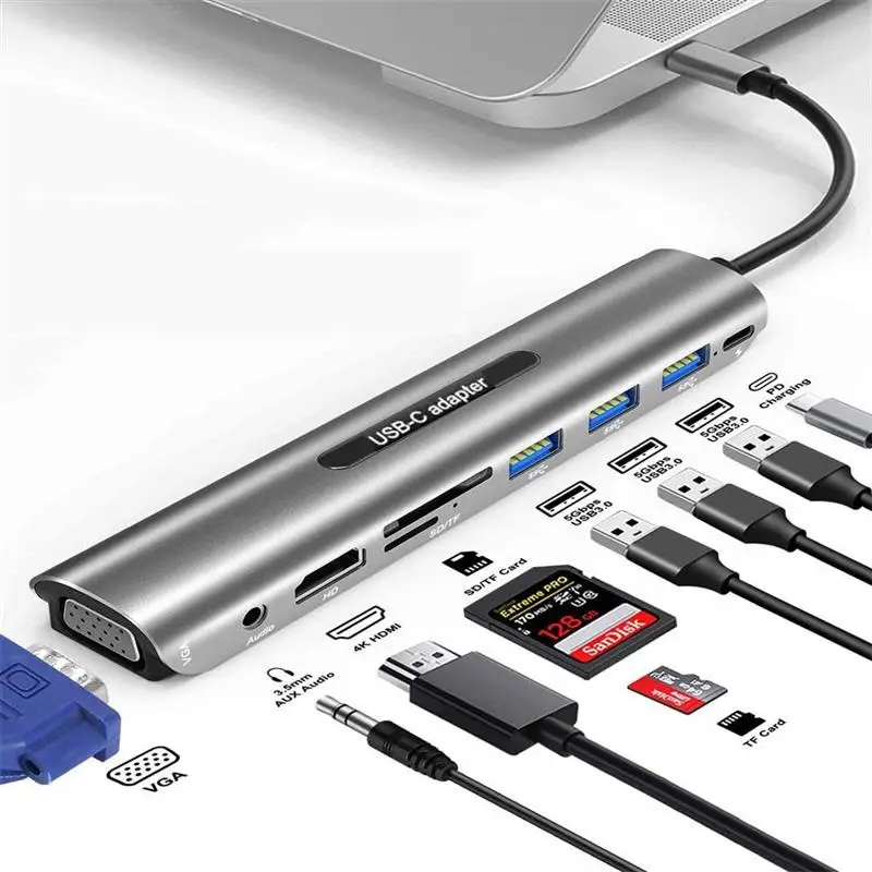 

9 в 1 USB C концентратор адаптер док-станция Тип C к 4K HDMI-совместимый VGA PD SD TF карта Mulit USB 3,0 концентратор разветвитель для ноутбука ПК