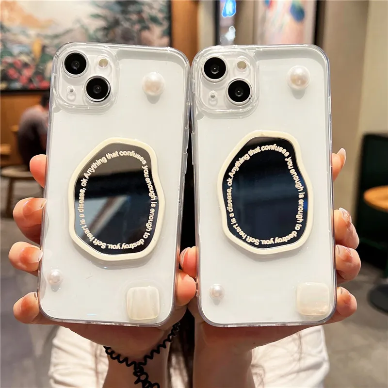 

Pearl Geometric Mirror Transparent Phone Cases For iPhone 13 12 11 Pro XS Max XR X 8 7 Plus Clear Silicone Soft Shockproof Cover