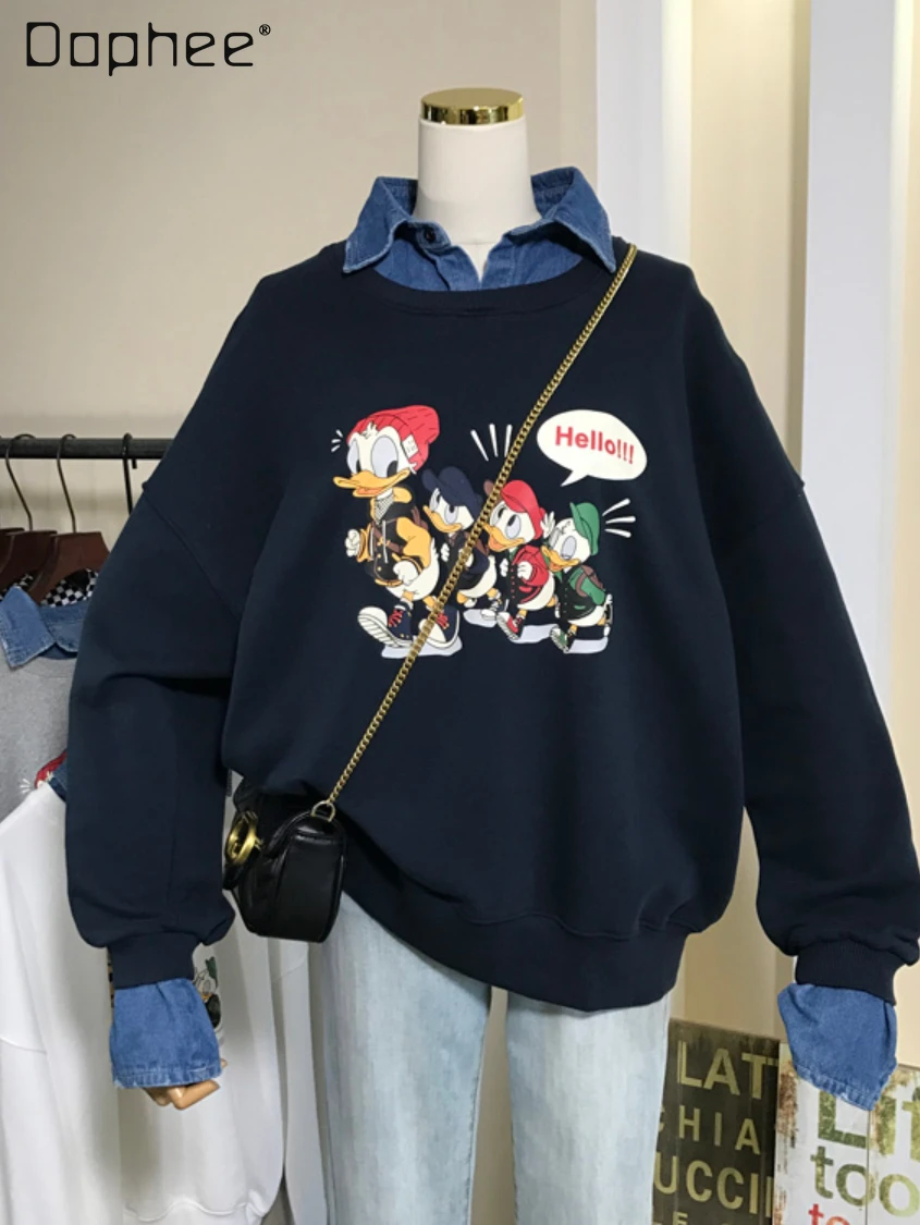 

Cartoon Print Oversized Washed Frayed Denim Stitching Fake Two-Piece Hoodies Women 2022 Spring Autumn Polo Collar Sweatshirt