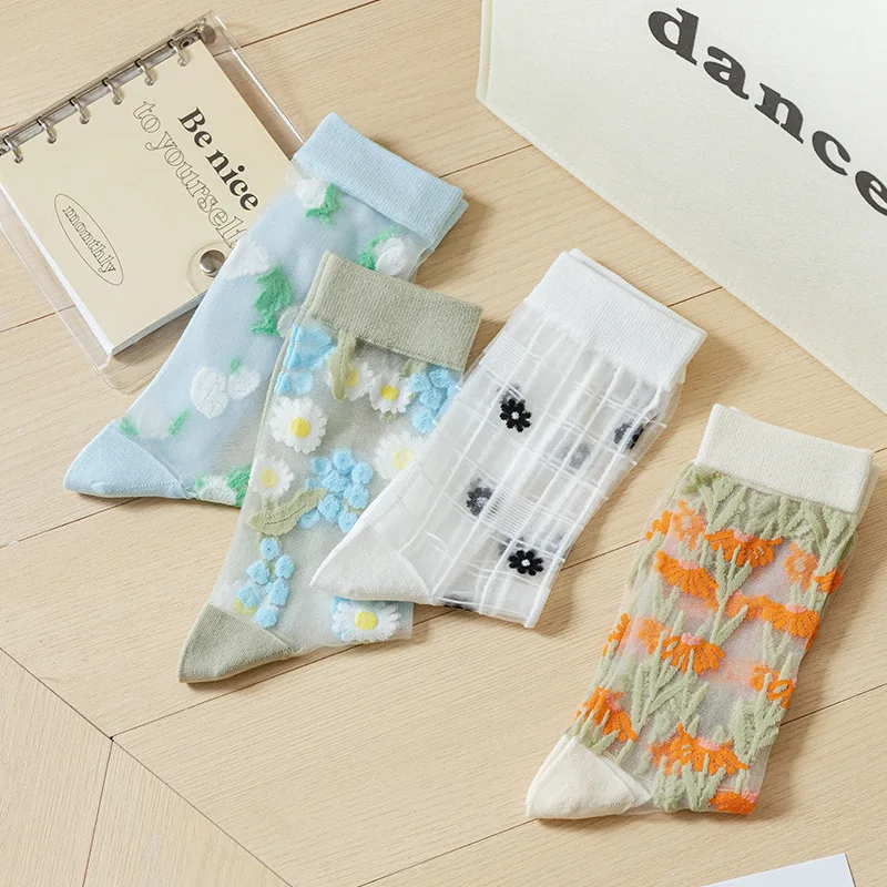 5PAIRS Socks Women's Spring and Summer Thin Transparent Glass Stockings Summer Small Flower Crystal Long Socks Tube Socks
