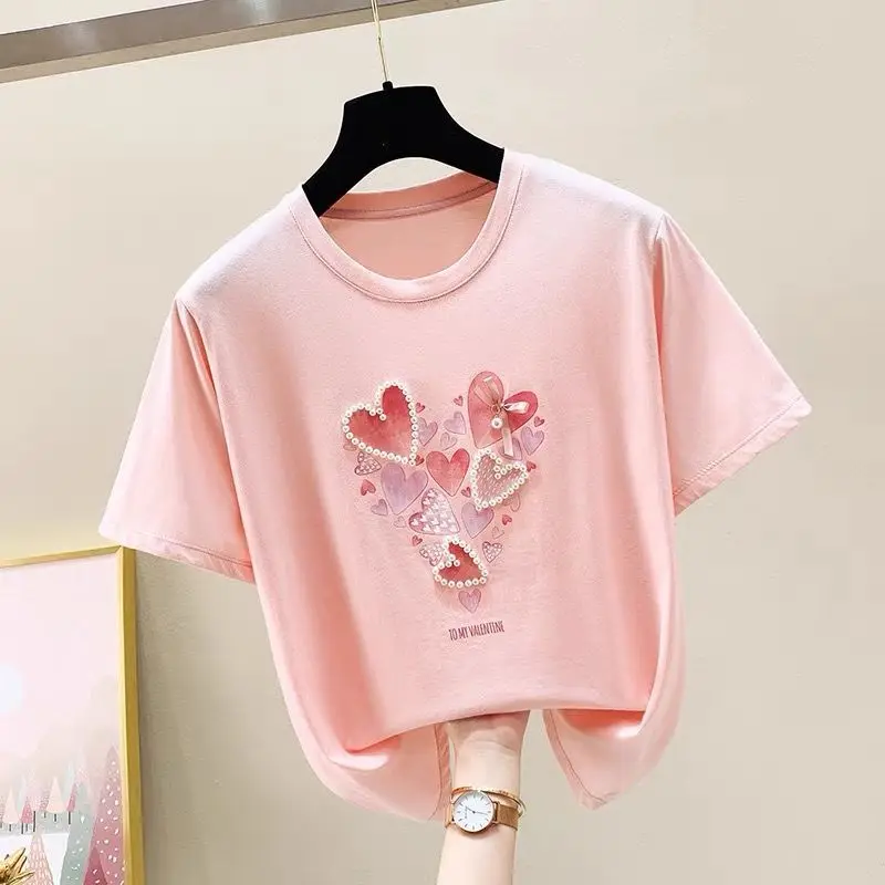 

Cotton Beaded Pink Women T-Shirts Summer New Design 2022 O-Neck Short-Sleeved Slim Printed Sweet Style Female Pulls Tops Tees