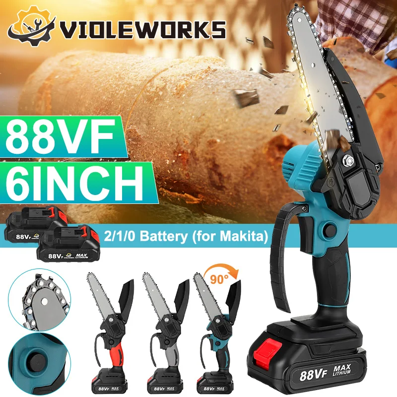 

20V 6 Inch 88VF Electric Mini Chain Saw 1500W 0/1/2PCS Battery One-handed Saw Woodworking Tool For Makita 18V Battery EU Plug