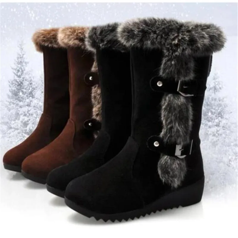 

New Winter Women Boots Casual Warm Fur Mid-Calf Boots shoes Women Slip-On Round Toe wedges Snow Boots shoes Muje Plus size 42