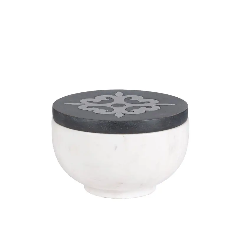

White marble small canister with gray-washed metal-inlay lid