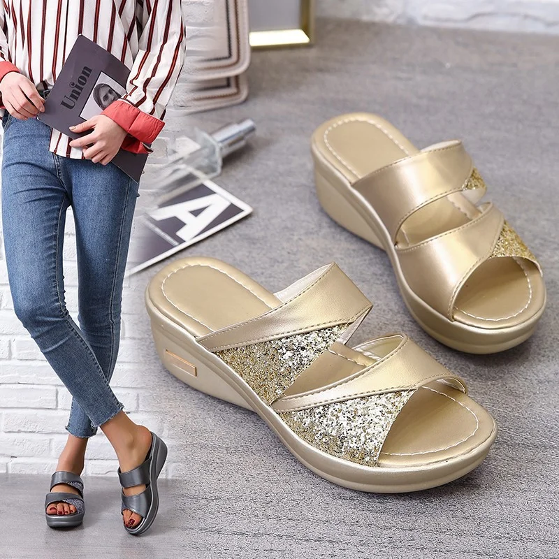 Sandals Woman Summer Gold Open Toe Sandal Dress Shoes Womens High Heels Sandals Platform Wedges Heeled Pumps Ladies Shoes