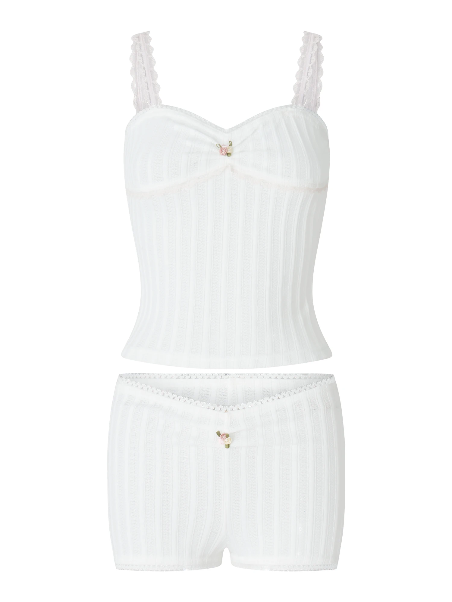 

Women s Lace Trimmed Tank Top and High Waist Shorts Set Stylish 2 Piece Spaghetti Strap Camisole Crop Top with Floral Lace