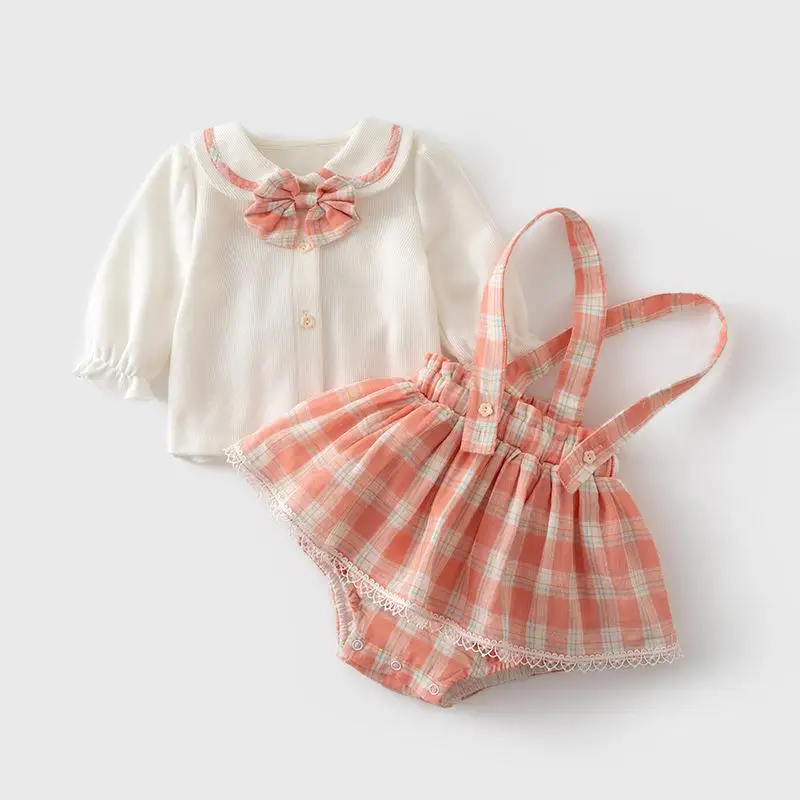 

Children‘s Clothing New Korean Version Of Spring 2022 Pink Plaid Skirt Long Sleeve T-shirt Girls Set