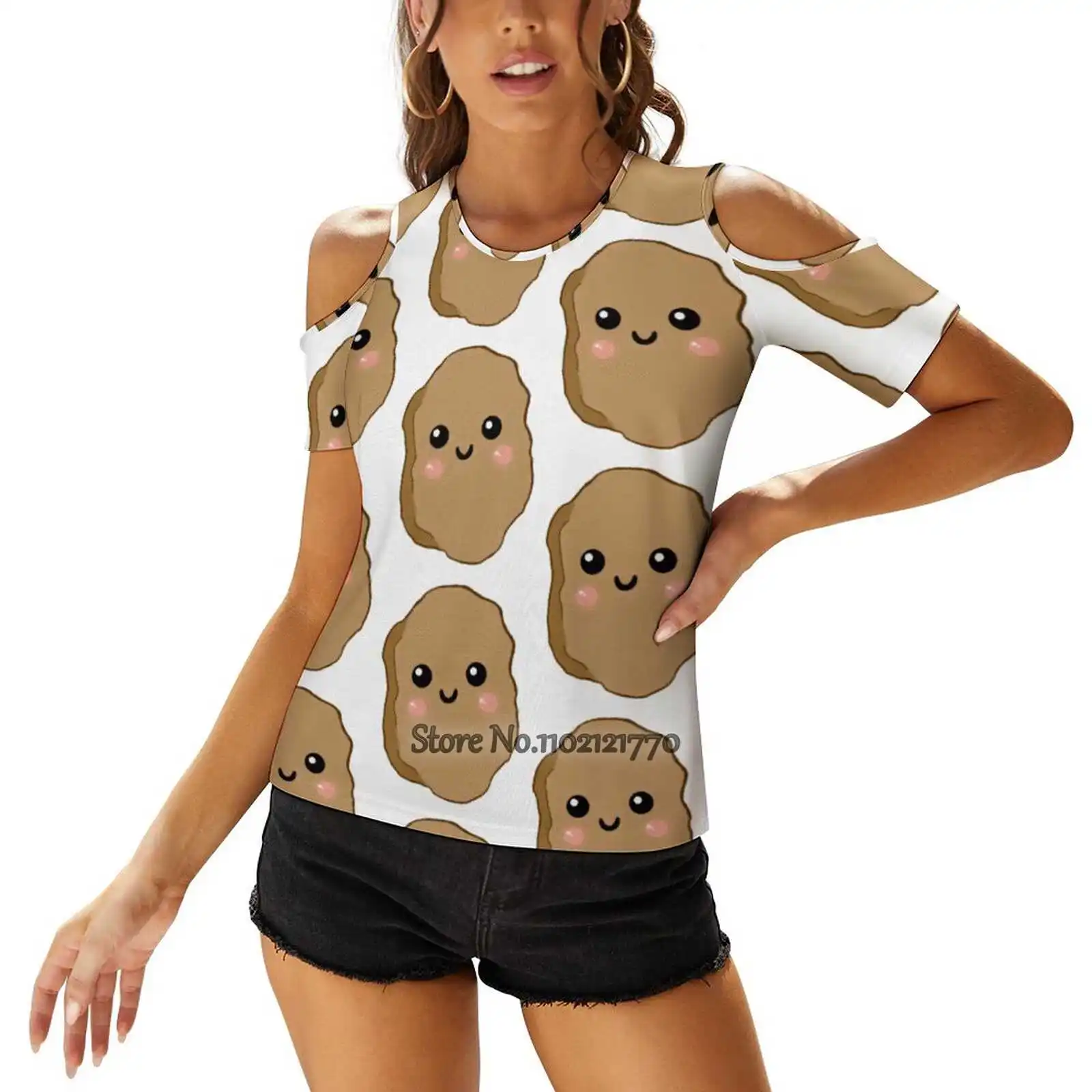 

Женские футболки Kawaii с куриным Nugget, топы с принтом, топ с круглым вырезом и шнуровкой сзади, модная футболка с графическим рисунком, милая смешная Милая смешная футболка