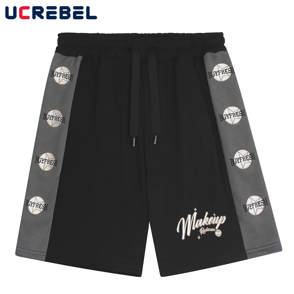 

Color Block Letter Embroidery Sweatshorts Mens Summer Elastic Waist Knee-length Shorts Streetwear Panelled Loose Shorts for Men