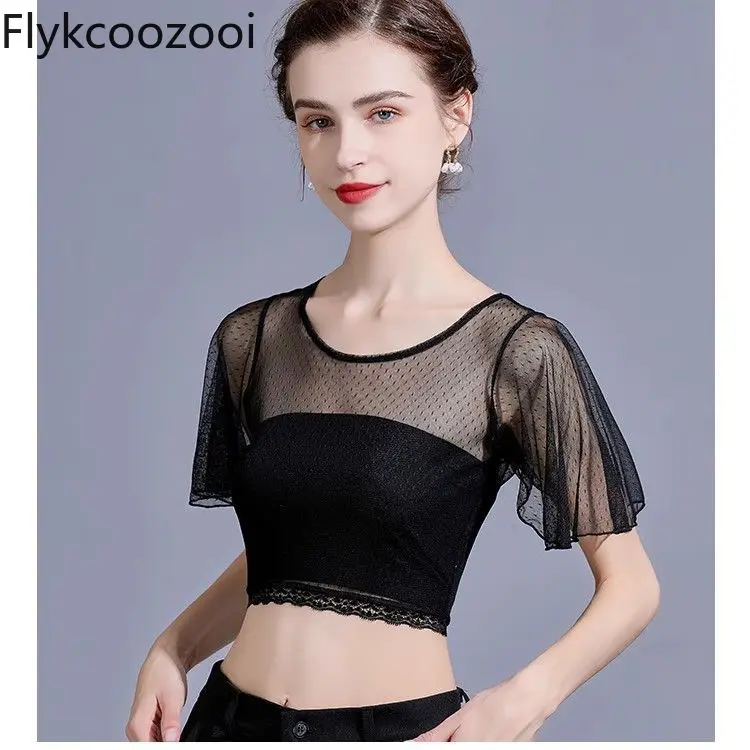 Женская ультратонкая короткая блузка кружевная роскошная винтажная с круглым
