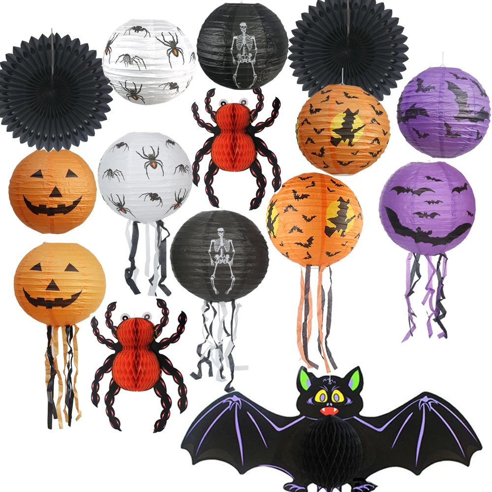 

15PCS Paper Lanterns Hanging Jack-O'-Lantern Spider Skeleton Pumpkin Witch Bat Honeycombs Fan Halloween Decoration
