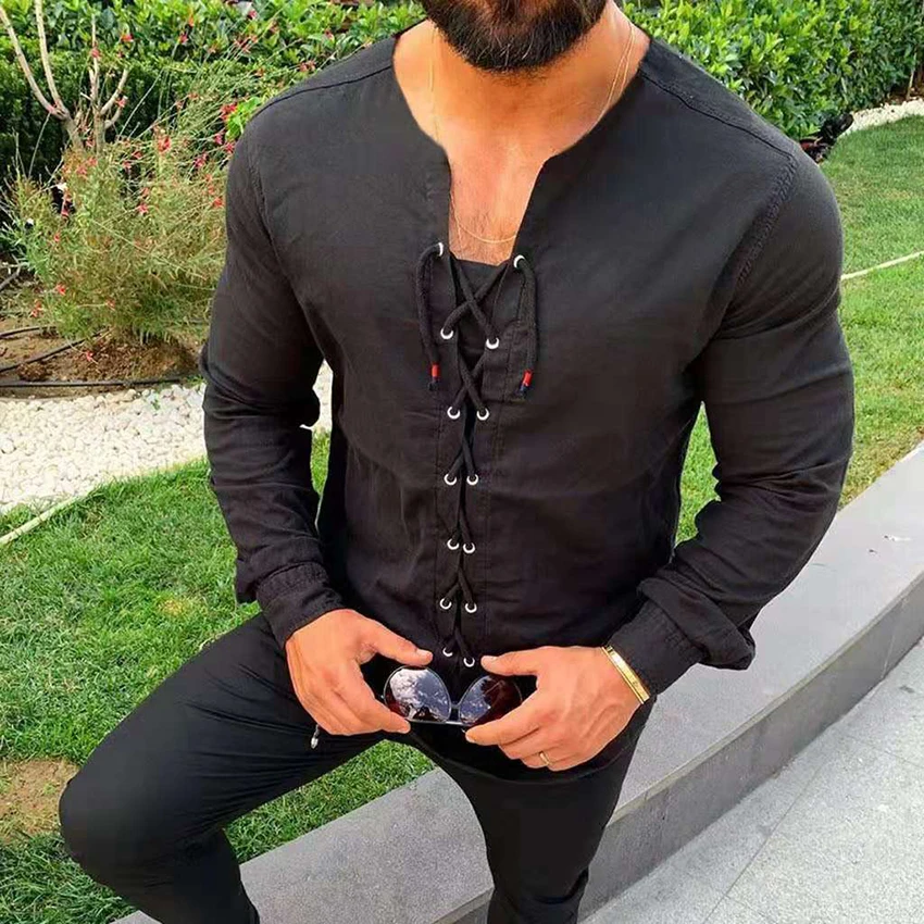 

New Men's Bandage Hooded Shirt Male Slim Fit Solid Color Long Sleeve Tshirt Men Casual Tee Tops Clothing