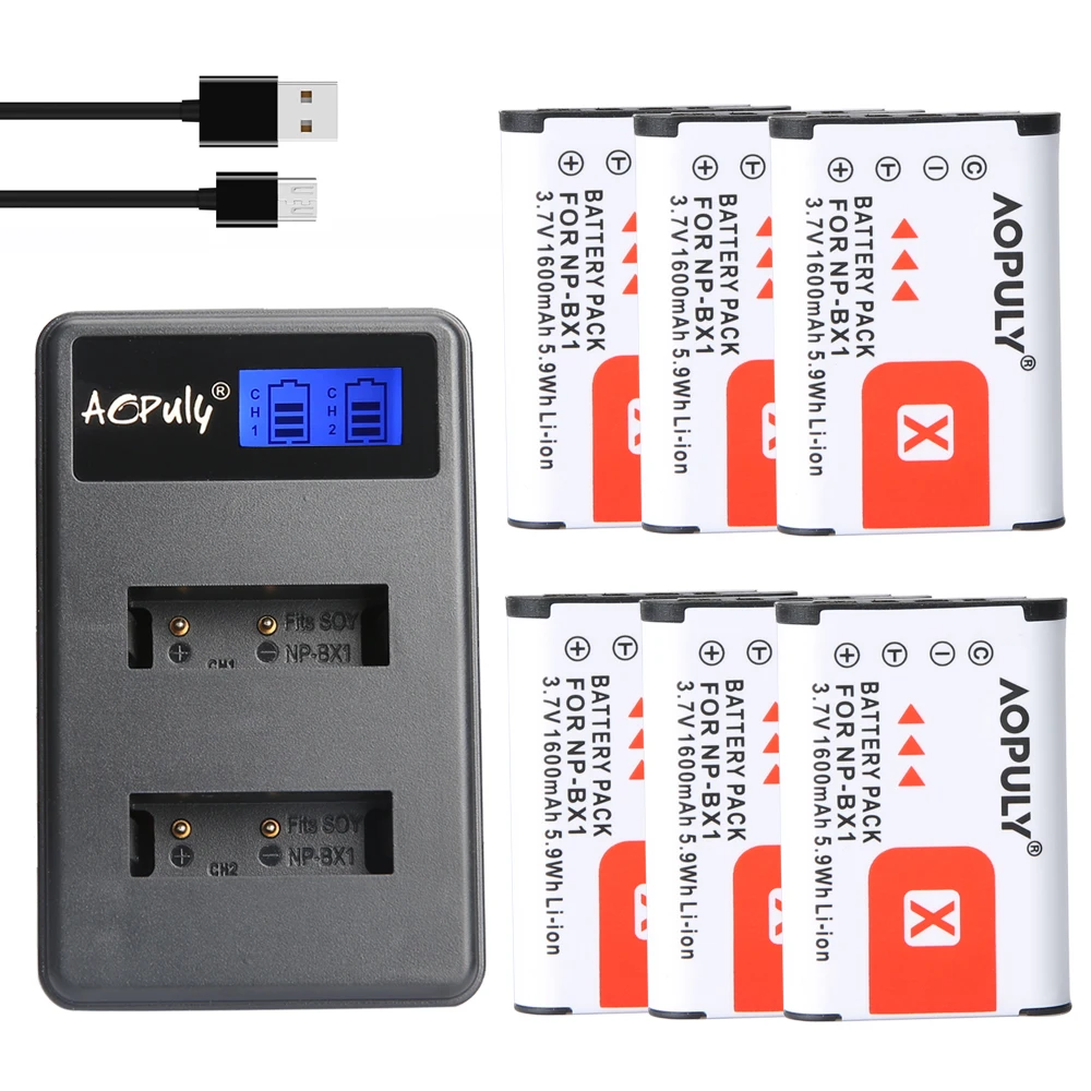 

AOPULY 6Pcs NP-BX1 NP BX1 Batteries + LCD Charger For Sony DSC-RX100 DSC-WX500 IV RX10 II HX300 WX300 HDR-AS15 CX240E HDR-AS300