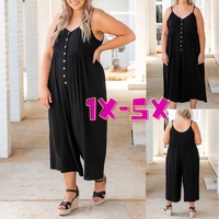 plus size 1x 5xl solid color women casual loose breathable sleeveless long jumpsuit overalls fashion female black cotton outwear
