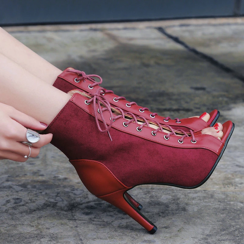 Fashion Women's Dance Thin High Heels Shoes Sexy Stilettos Latin Jazz Lace Up Ankle Boots Peep Toe Breathable Ballroom Sandals