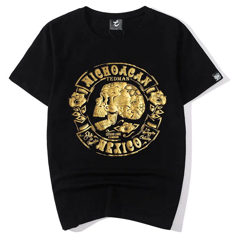

Футболка мужская с принтом черепа, мотоциклетная Байкерская тенниска с короткими рукавами, Повседневная Уличная одежда с золотым принтом, свободная хлопковая майка в стиле хип-хоп, на лето