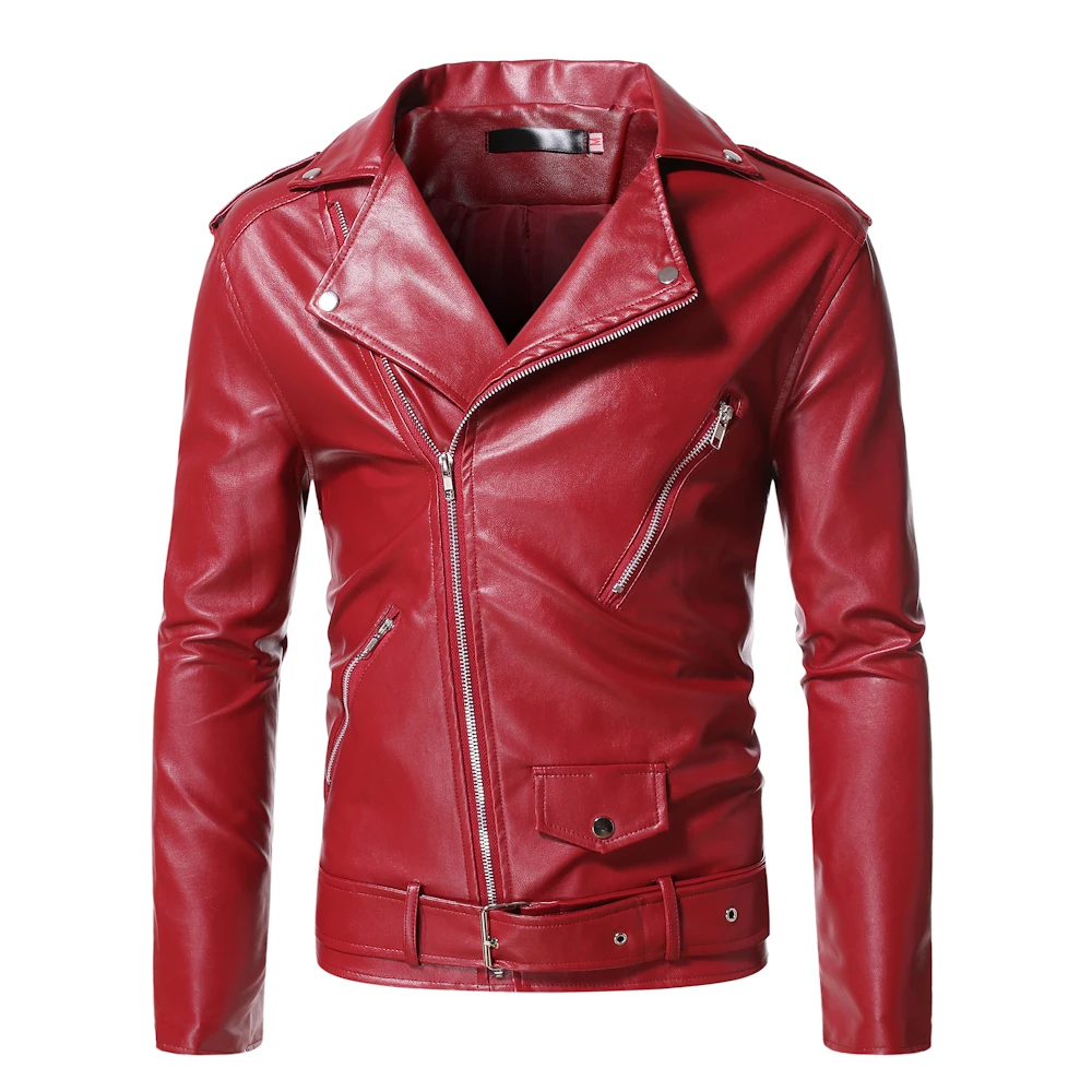 Chaquetas de cuero rojo para hombre, chaquetas de motocicleta de Pu ajustadas, abrigos de cuero con cremallera Diagonal, chaquetas informales de primavera 5XL