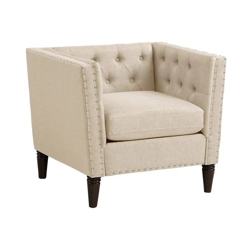 

Nailhead Linen Fabric Tufted Upholstered modern design high-back velvet sofa chair with metal legs