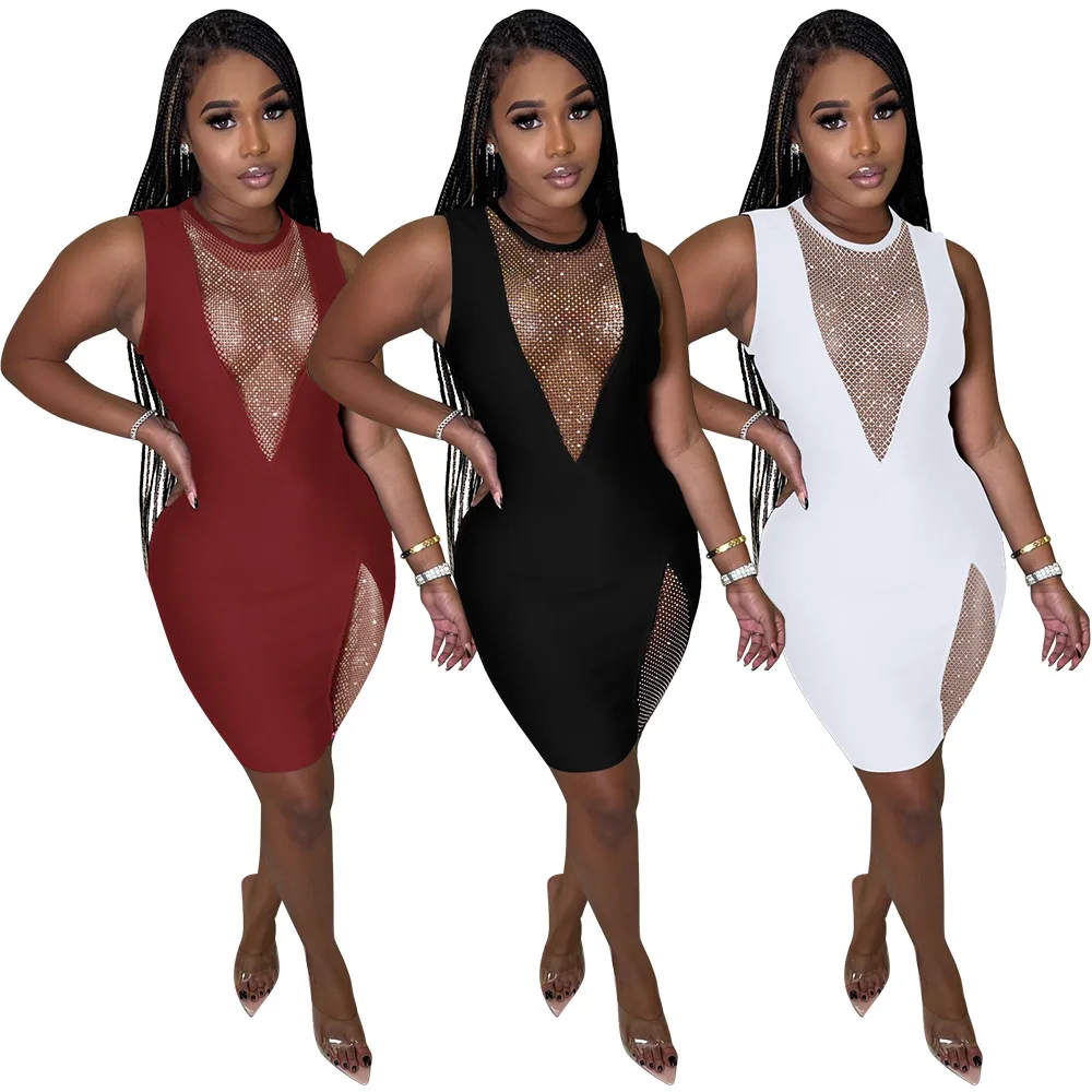 

Summer 2022 Fashion Sexy Diamond Studded Hollow Sleeveless Hip Wrap Dress