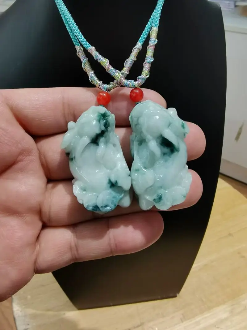 

2 Piece Hanging Nature Burma Jade Pi Xiu Pendant Amulet Burmese Emerald Ornament Powder Evil Spirits Bless Lucky Beast