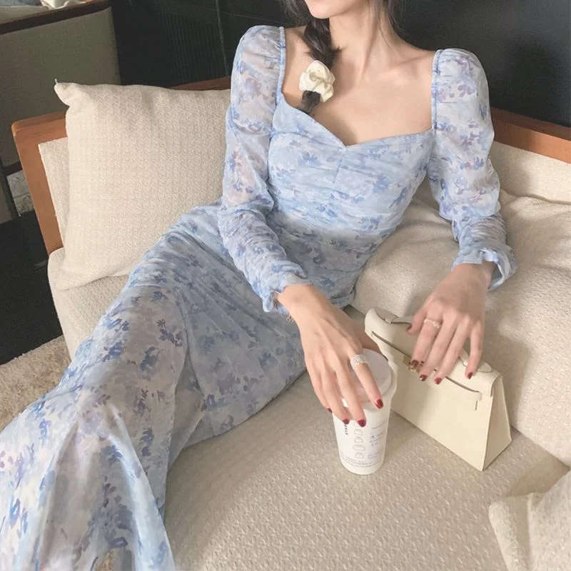 

French Style Floral Print Dresses for Women 2021 Summer Fashion Purple Mesh Folds Puff Sleeve V-neck Elegant Pretty Long Dress