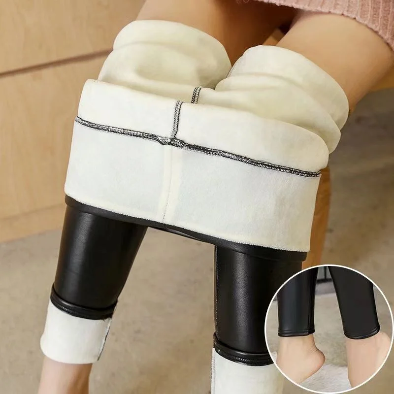 

Плотные облегающие леггинсы из искусственной кожи с высокой талией, флисовые кожаные брюки, бархатные облегающие леггинсы, женские леггинсы с подкладкой