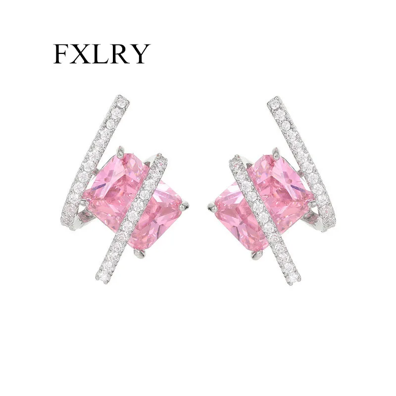 

FXLRY S925 Silver Needle Super Sparkle Square Zircon Inlay Earrings Geometric Line Earrings For Women Bridal Wedding Jewelry