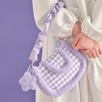 xiuya harajuku kawaii lolita shoulder bag women 2022 japanese cute purple plaid fur messenger bag plush female handbags satchel