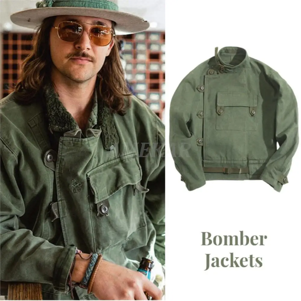 Men's Army Green Retro bomber Jackets Misplaced Oblique Buckle Swedish Motorcycle Men Vintage AMEKAJI Cotton Autumn Winter Coat