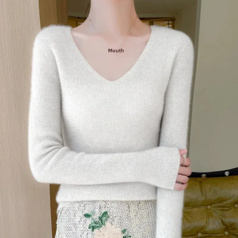 Утолщенный вязаный женский свитер с v-образным вырезом и длинными рукавами