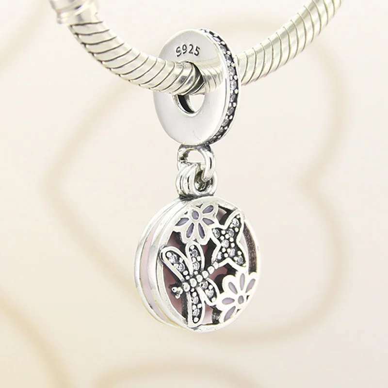 

High Quality S925 Silver Women Bracelet Bead Pink Enamel Butterfly Dragonfly Flower Dangle Charm DIY Jewelry Lady Birthday Gift