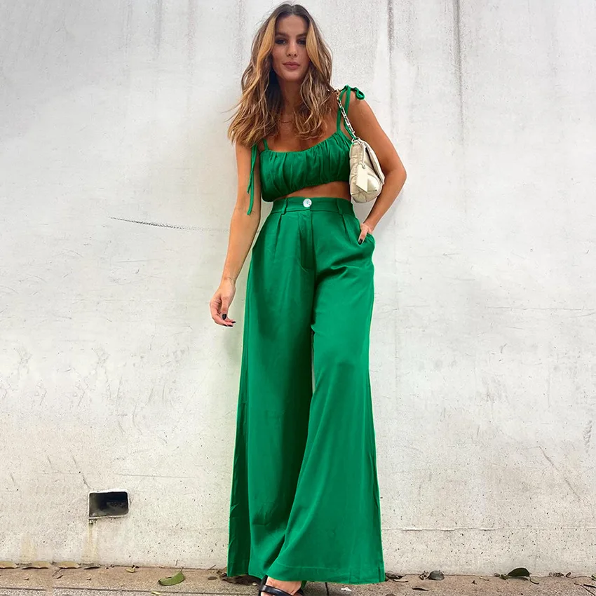 2022 New Women's Camisole Pajamas Sets Cotton Loose Leg Wide Trousers Casual Loungewear Fashion Nightwear Solid Women Pajama Set