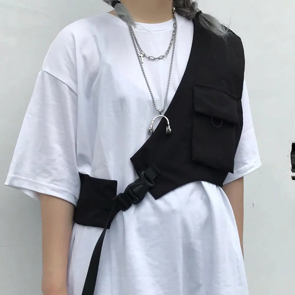 

Women's One Shoulder Tactical Vest Functional Hip Hop Chest Rig Bag Mens Vintage Adjustable Inclined Waistcoat