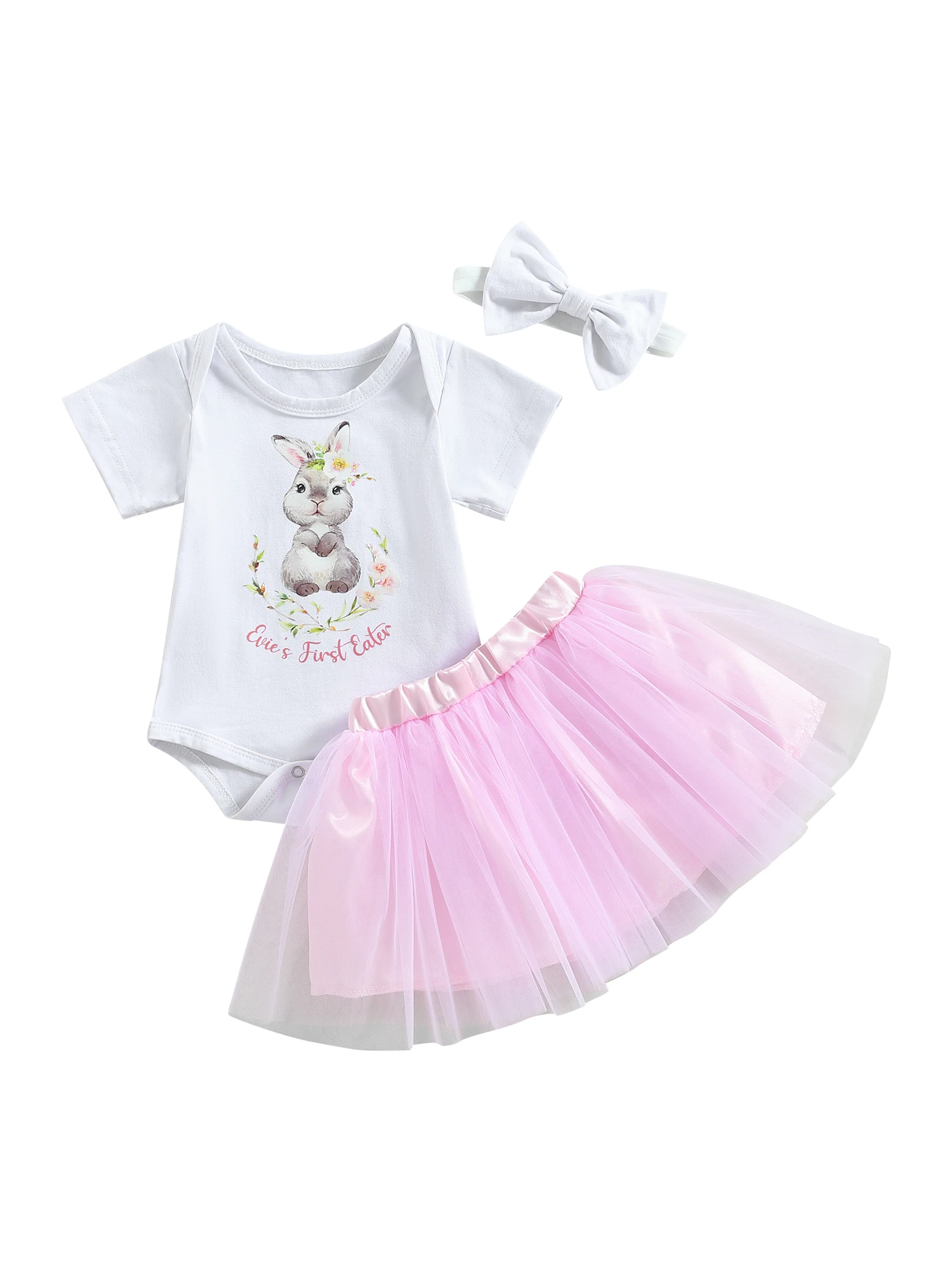 

Пасхальные комплекты одежды для маленьких девочек, белый комбинезон с коротким рукавом и надписью «кролик», розовая Тюлевая юбка с повязкой на голову