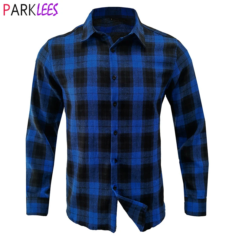 

Classic Blue Plaid Brushed Flannel Shirt Men Brand Long Sleeve Button Down Check Shirts Mens Casual Soft Work Jacket Shirt Male