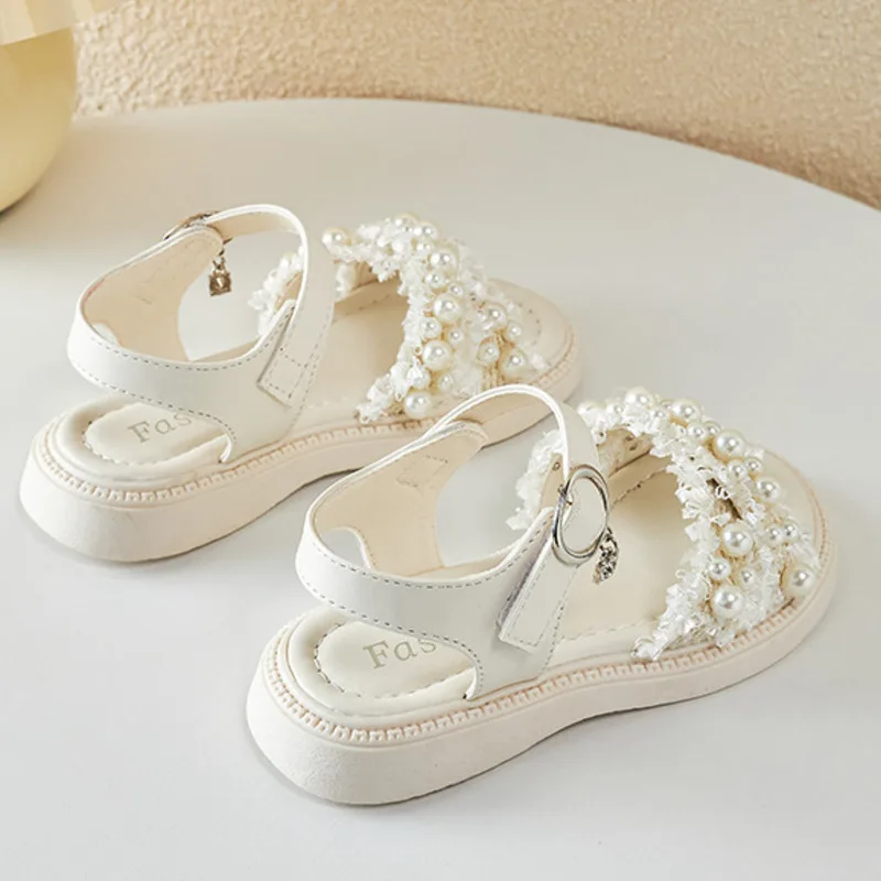 

Fashion Sandals Shoes For Kids Girls 2023 Summer Soft Leather Girls Shoes Beading Pearl Princess Sandals Sandalen Kinder Junge