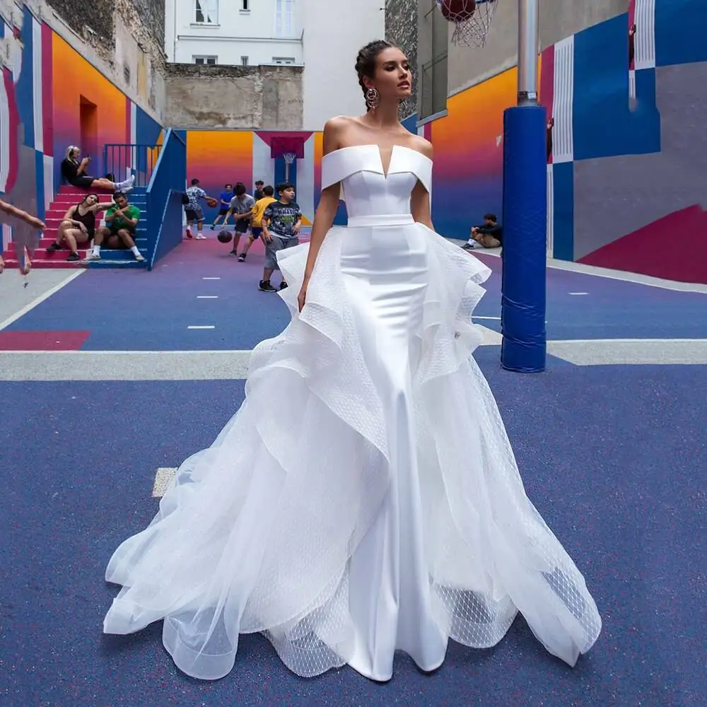 

Mermaid Wedding Dress With Detachable Sweep Train Off the Shoulder Backless Sexy Bridal Gowns Ruffle Simple Modern Wedding Gown