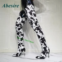 cows pattern thigh high boots 2022 new arrivals pointed toe stiletto heels women boots black and white zipper casual ladies sexy